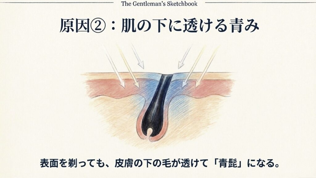 皮膚の下に残った毛が透けて青髭に見える仕組みの図解