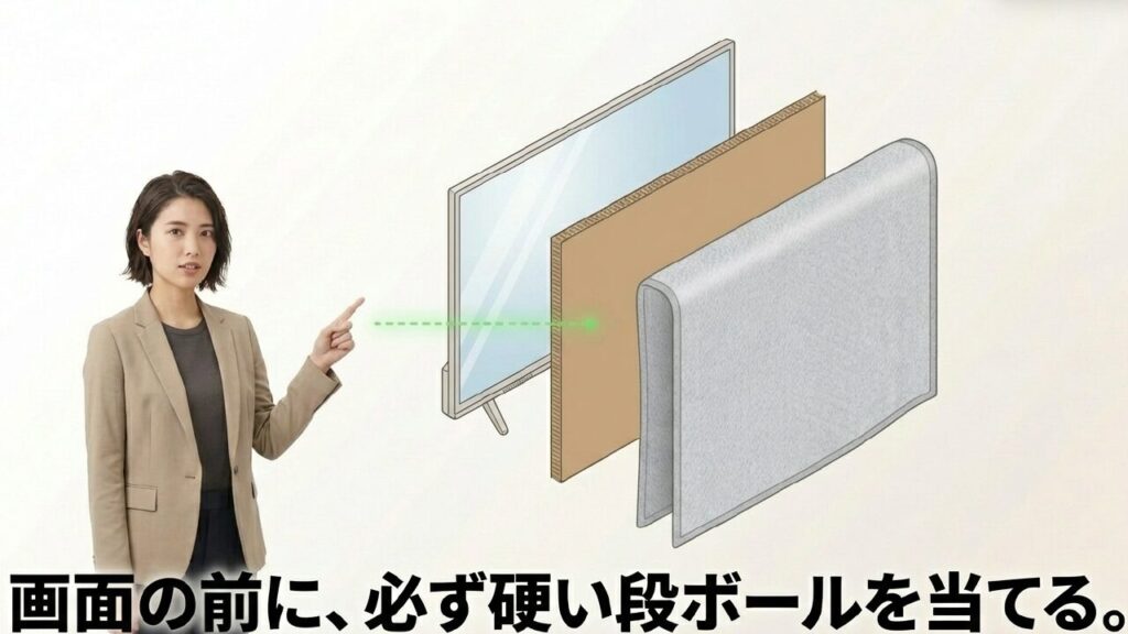 テレビ画面の前に硬い段ボールを当てて保護