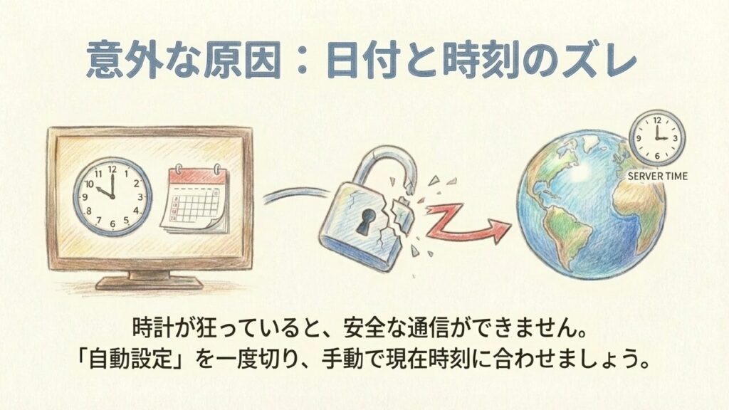 テレビの日付と時刻がズレていると安全な通信ができずログインエラーになる