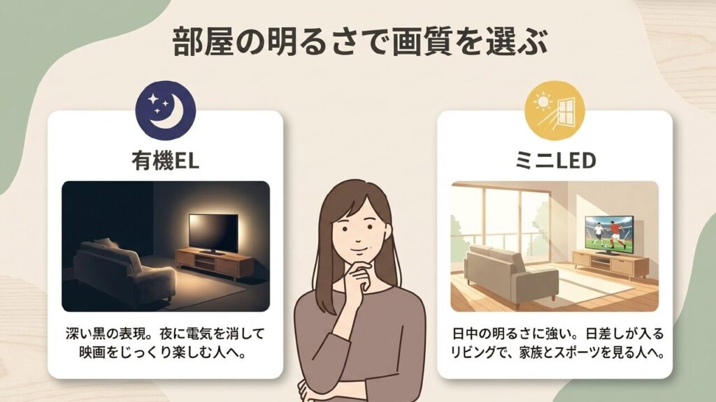有機ELとMiniLEDの比較。夜に映画を楽しむなら有機EL、日差しの入るリビングでスポーツを見るならMiniLED