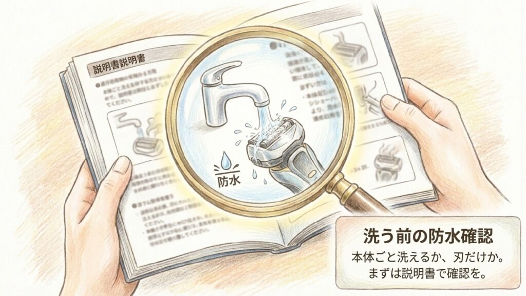 シェーバーの説明書で防水性能を確認する様子