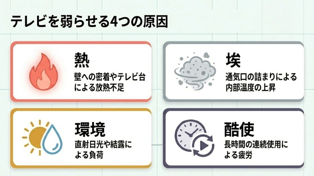 テレビを弱らせる4つの原因（熱・埃・環境・酷使）