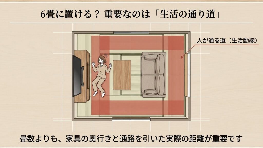 6畳間に55インチテレビとソファを配置した際の生活動線と通路の確保