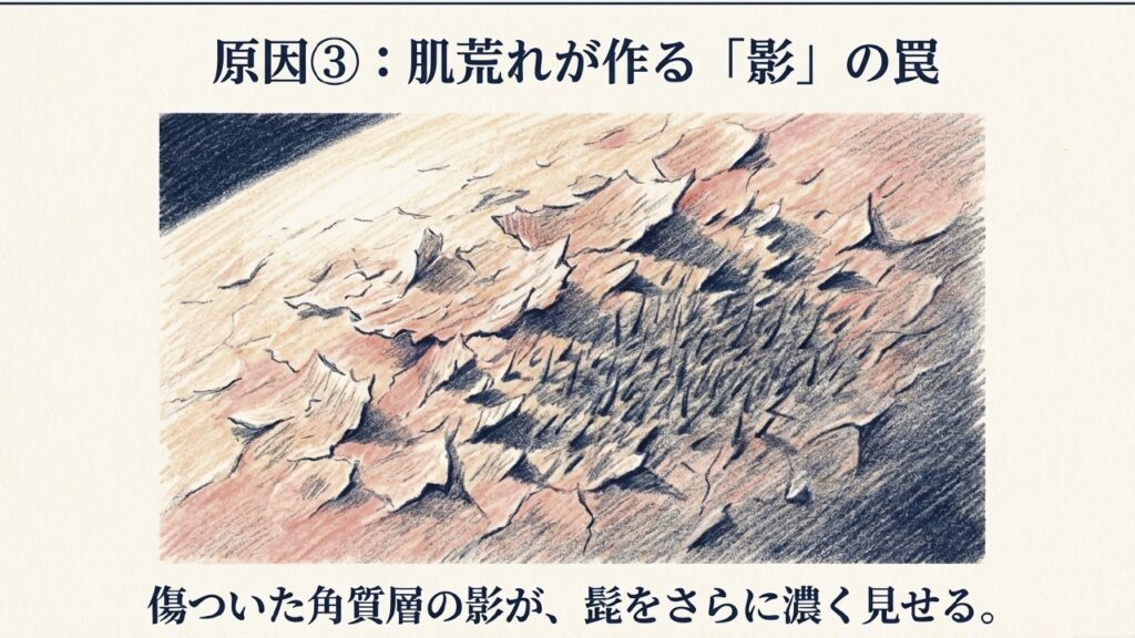 荒れた角質層が作る影によって髭が濃く見える図解