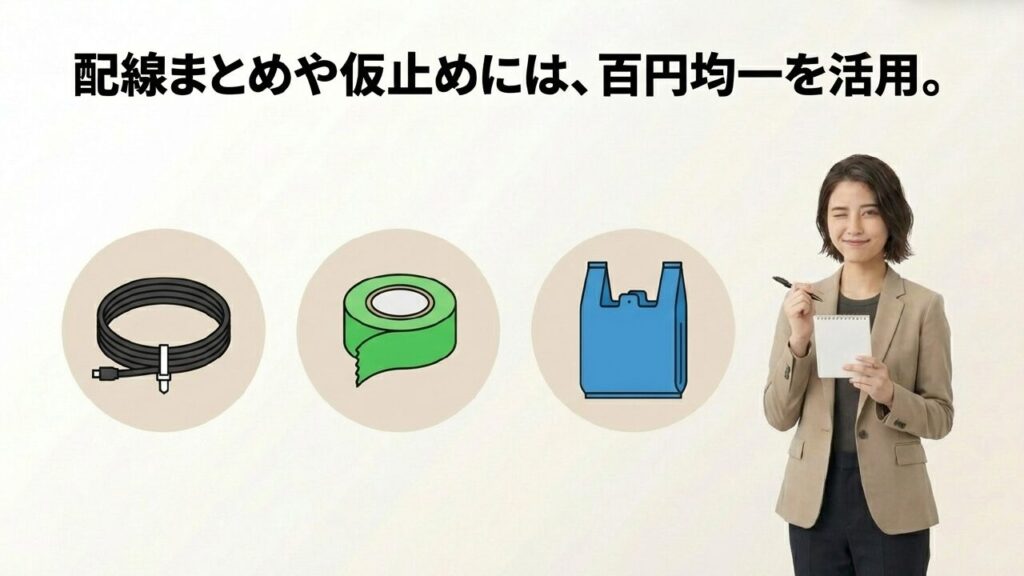 配線まとめや仮止めに活用できる100円均一グッズ