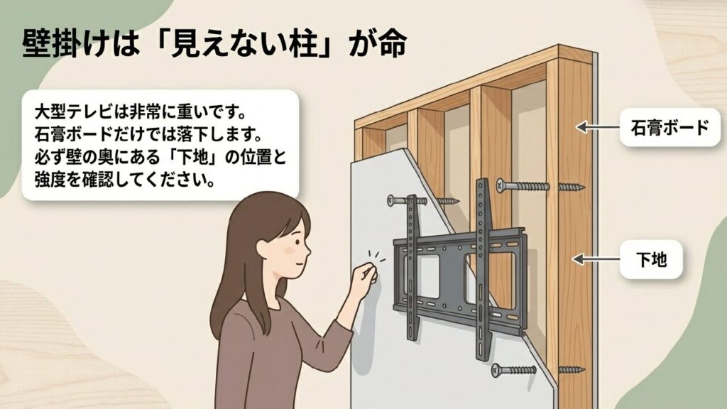 壁掛けは見えない柱が命。重い大型テレビを支えるため、石膏ボードの奥にある下地の位置と強度を確認する