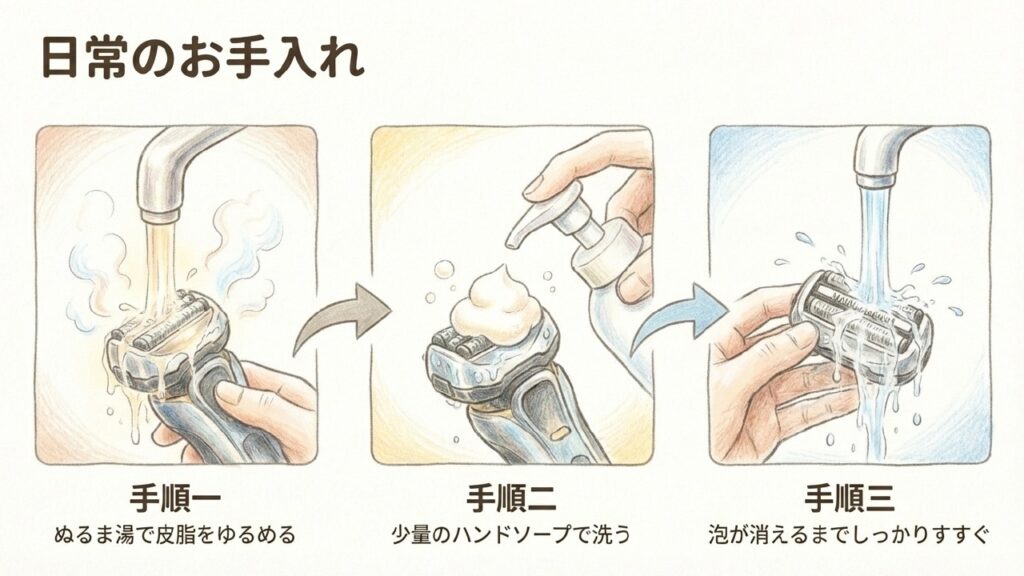 ハンドソープを使ったシェーバーの洗い方3ステップ