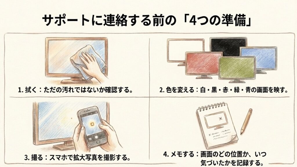 サポート連絡前の4つの準備：拭く、色を変える、写真を撮る、メモする