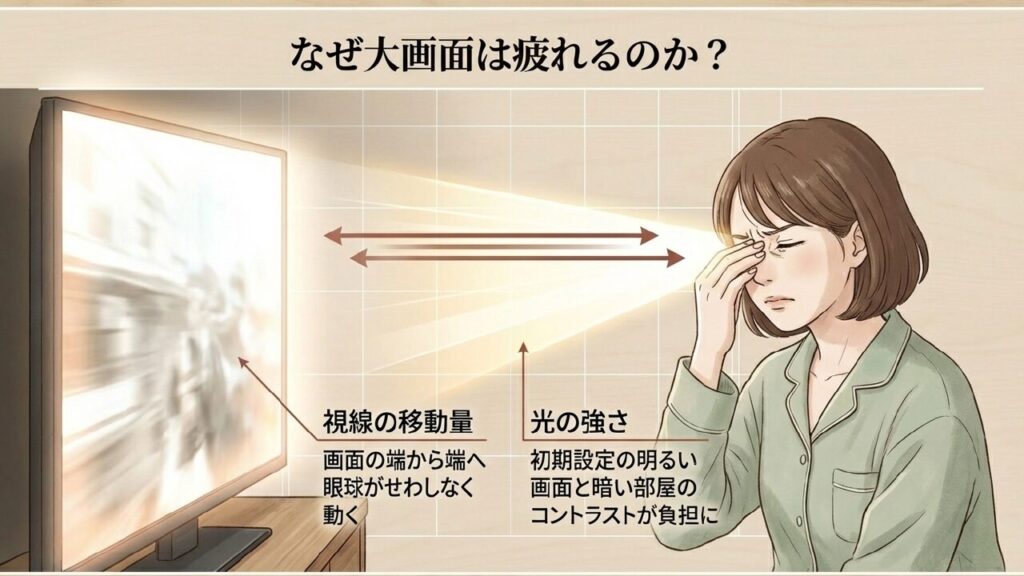 大画面テレビで目が疲れる原因となる視線の移動量と光の強さの解説