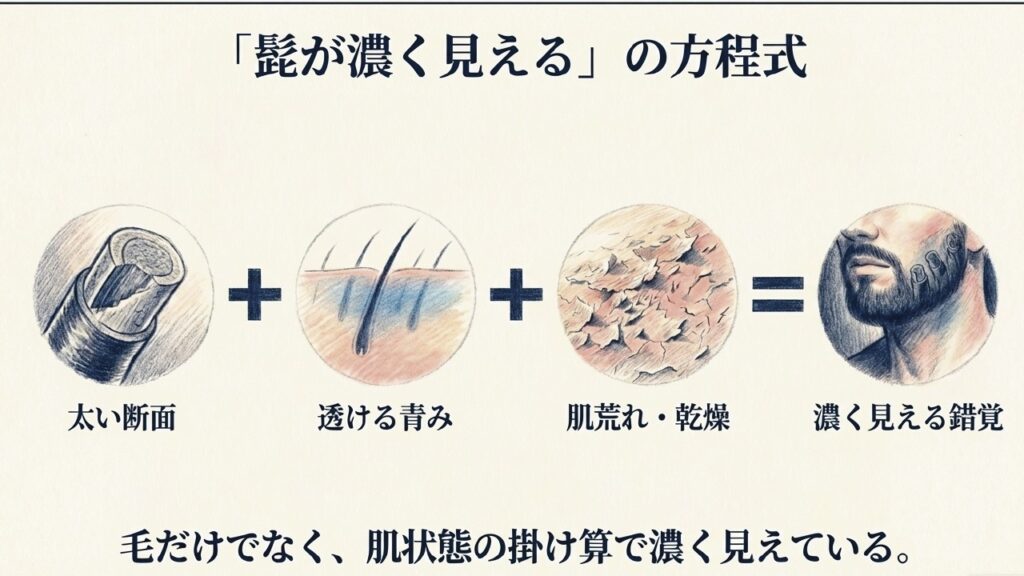 太い断面、透ける青み、肌荒れ・乾燥が合わさって髭が濃く見える方程式の図解
