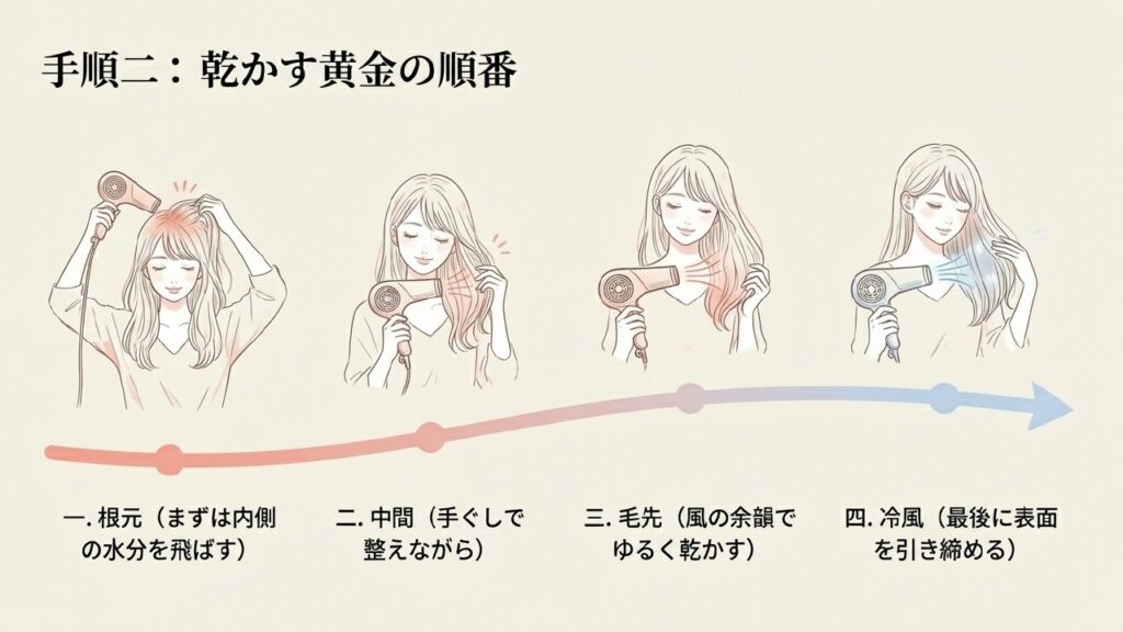 根元から毛先へ乾かし最後に冷風で締める黄金の順番