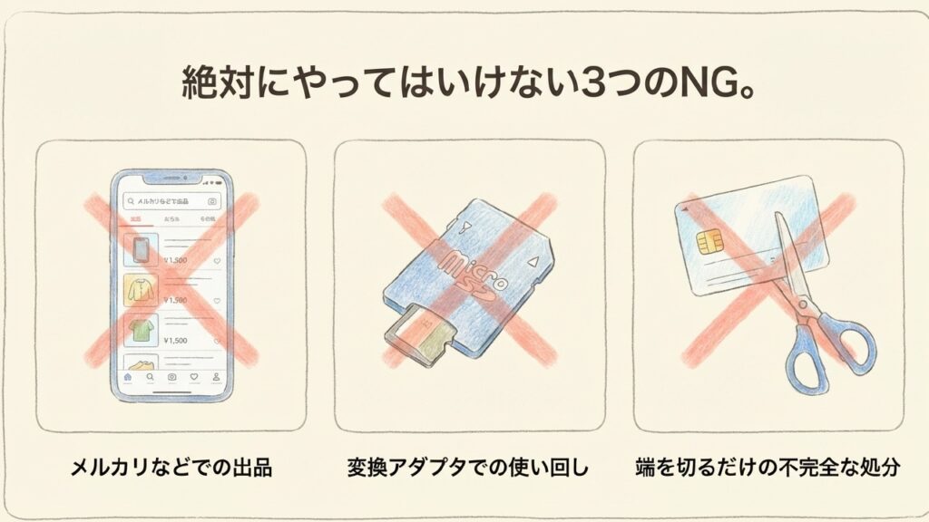 B-CASカードのメルカリ出品、変換アダプタ使用、不完全な処分の3つのNG行動