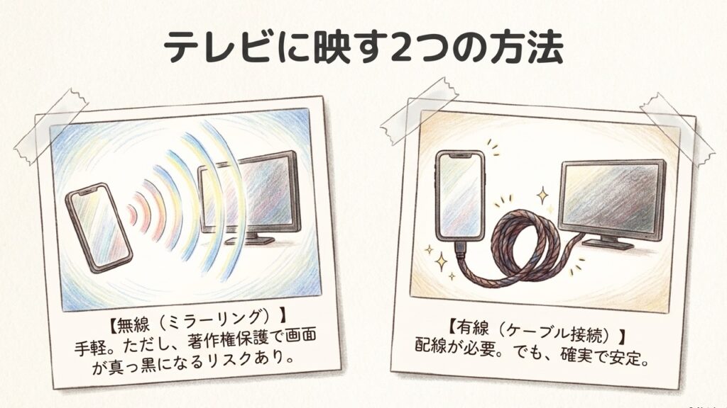 テレビに映す2つの方法として無線ミラーリングと有線接続の比較