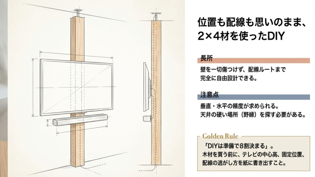 2x4材を活用したテレビとサウンドバーの壁掛け風DIY配線ルート図