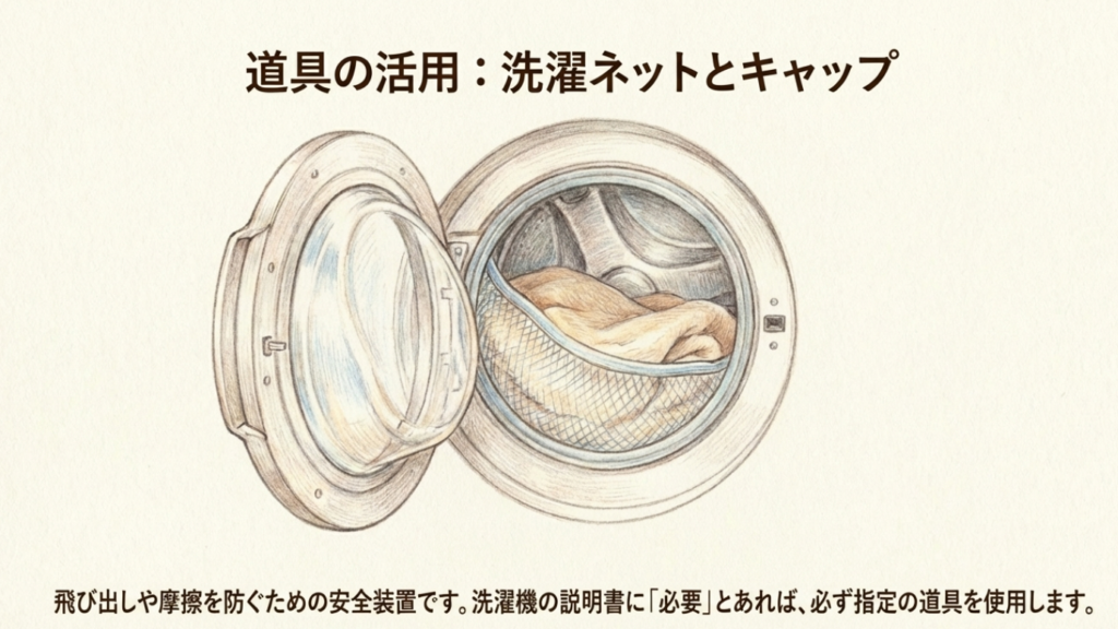 洗濯ネットに入れた毛布とドラム式洗濯機