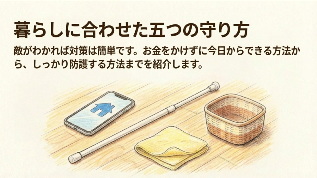 スマホアプリ、突っ張り棒、クロス、収納カゴなど、落下防止に使えるアイテム