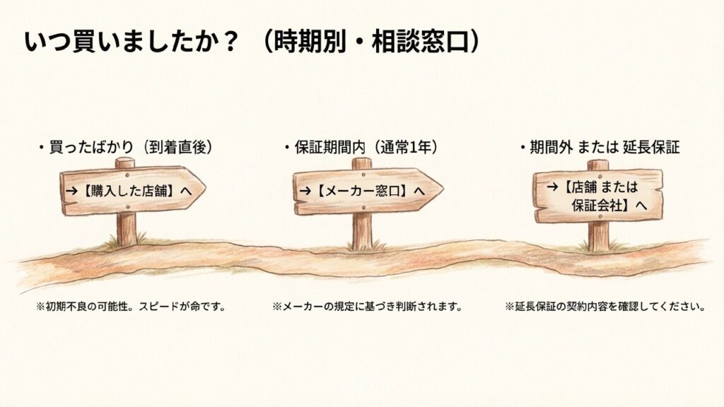 購入時期別の相談窓口：到着直後は店舗、保証期間内はメーカーへ