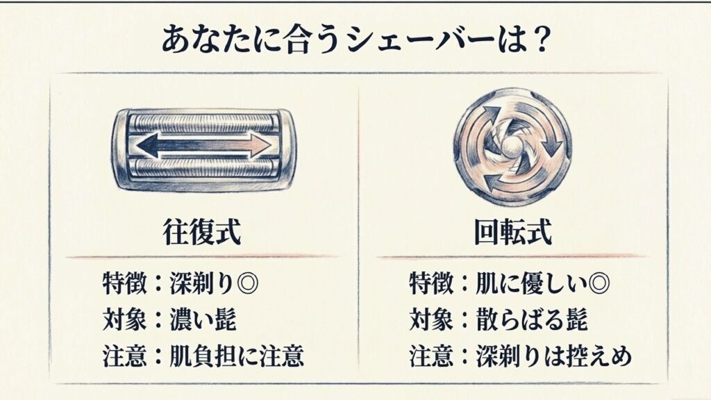 往復式シェーバーと回転式シェーバーの動きの違いと特徴を示す図