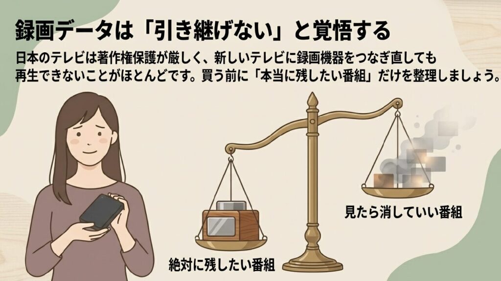 録画データは引き継げないと覚悟する。絶対に残したい番組と見たら消していい番組を天秤にかける