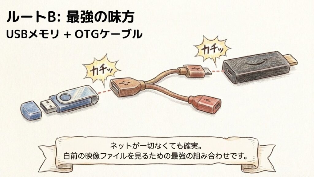Fire TV StickにOTGケーブルとUSBメモリ、電源を接続する配線設計図