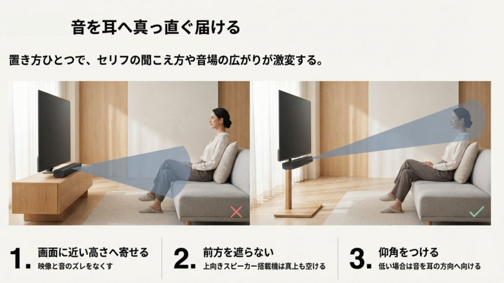 サウンドバーの設置高さと耳への音の届き方の比較