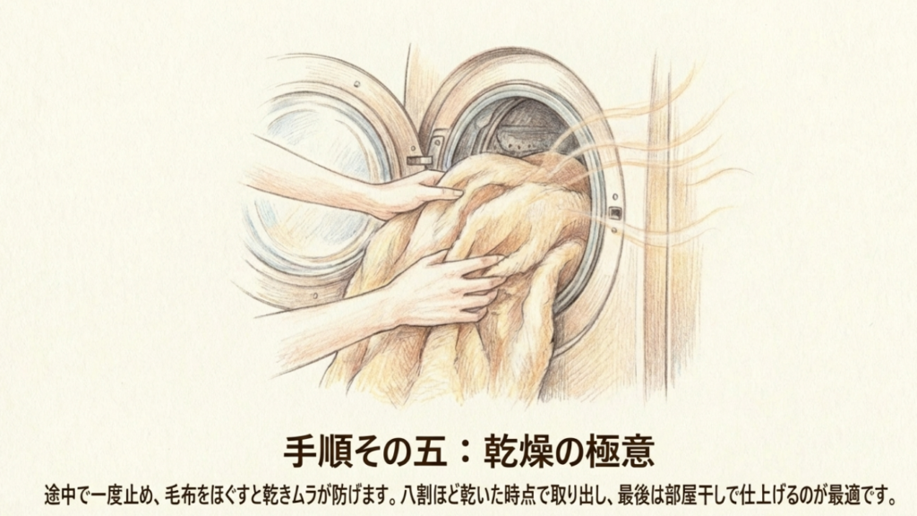 乾燥途中で洗濯機から毛布を取り出す様子