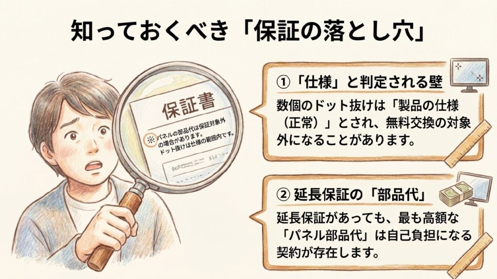保証の落とし穴：ドット抜けは仕様扱いになりやすく、延長保証でもパネル部品代は自己負担になることがある