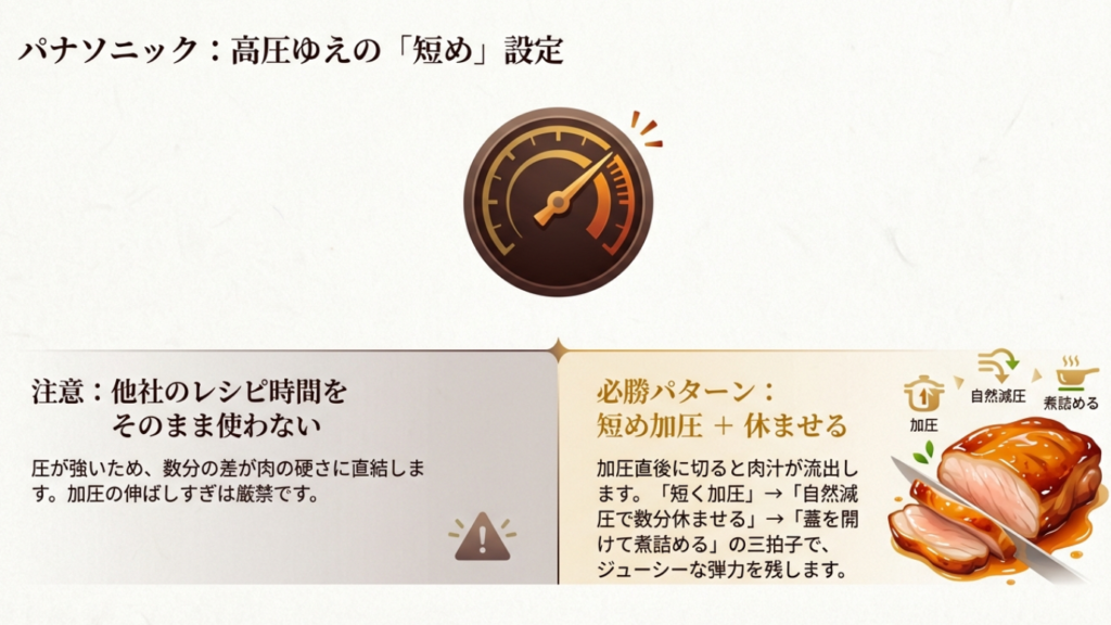 パナソニック:高圧ゆえの短め設定 パナソニックの高圧電気圧力鍋における短め加圧と休ませる設定