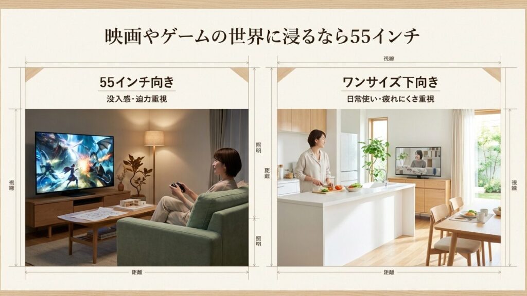 映画やゲームなら55型、日常使いならサイズダウンを推奨する図