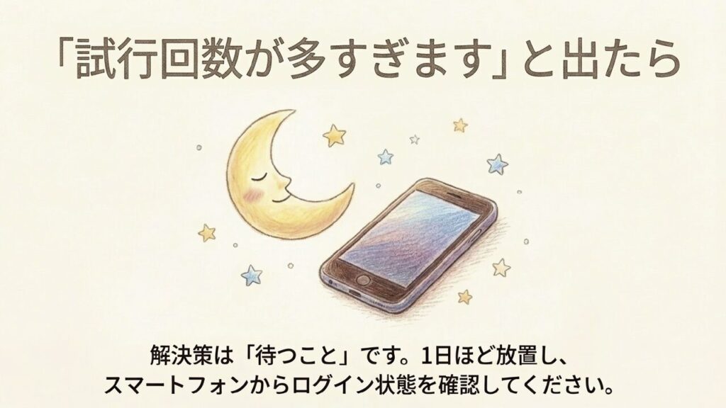 試行回数が多すぎますと表示されたら1日待ってスマホで確認する