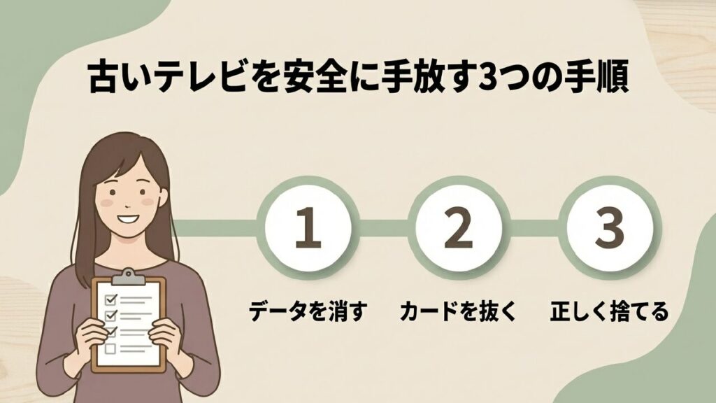 古いテレビを安全に手放す3つの手順。1.データを消す、2.カードを抜く、3.正しく捨てる