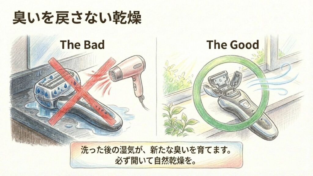 シェーバーのヘッドを開いて自然乾燥させる様子