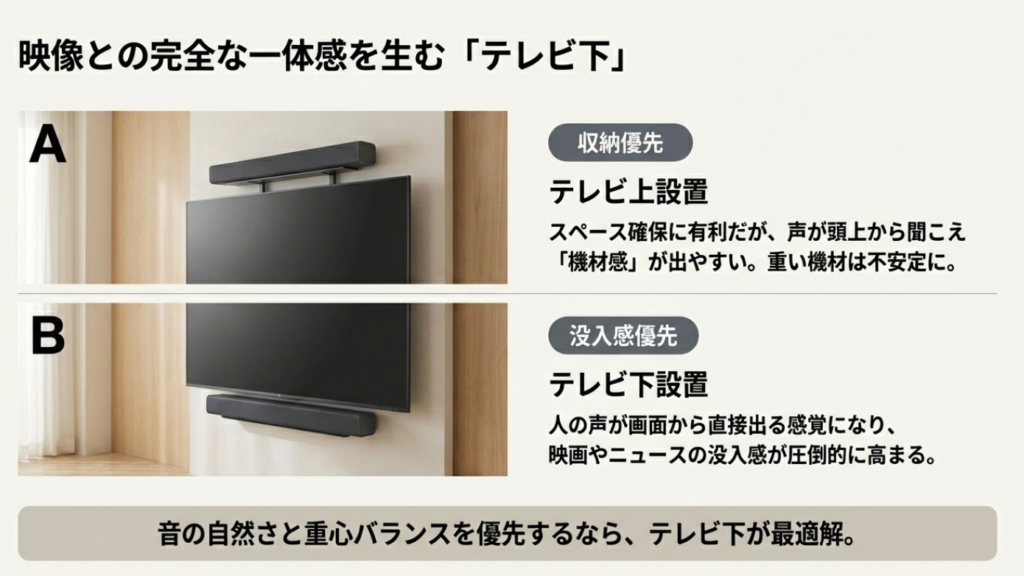 サウンドバーのテレビ上設置とテレビ下設置の見た目と没入感の比較