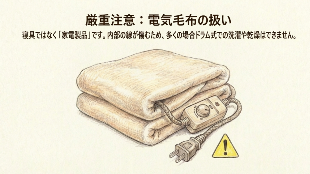 プラグのついた電気毛布と警告マーク