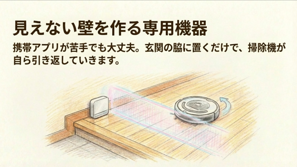専用機器を置いて見えない壁（バーチャルウォール）を作り、Uターンするロボット掃除機