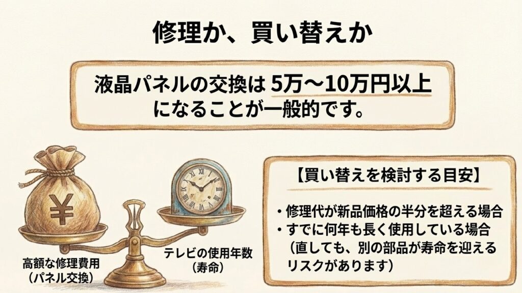 修理か買い替えか：高額なパネル交換費用とテレビの寿命（使用年数）を天秤にかけて判断