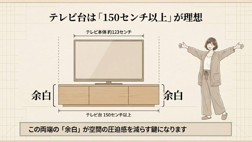 幅150センチ以上のテレビ台に55インチテレビを置いた際の両端の余白