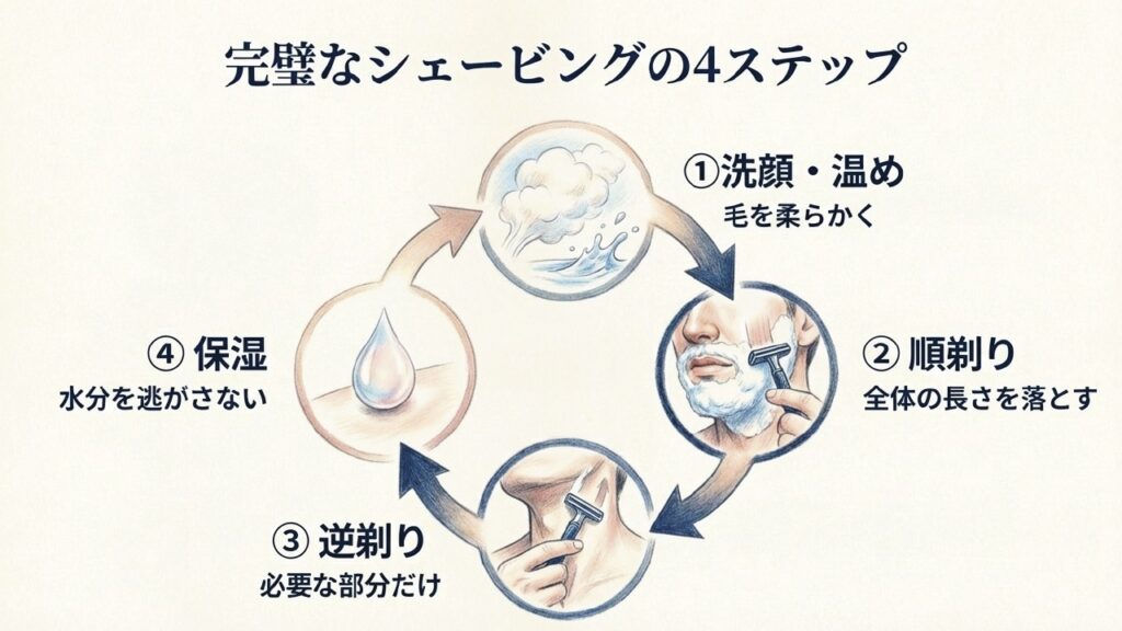 洗顔・順剃り・逆剃り・保湿の完璧なシェービング4ステップの図解