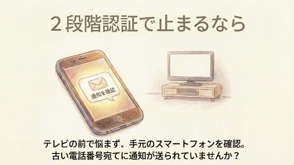 2段階認証で止まる場合は手元のスマートフォンの通知を確認する