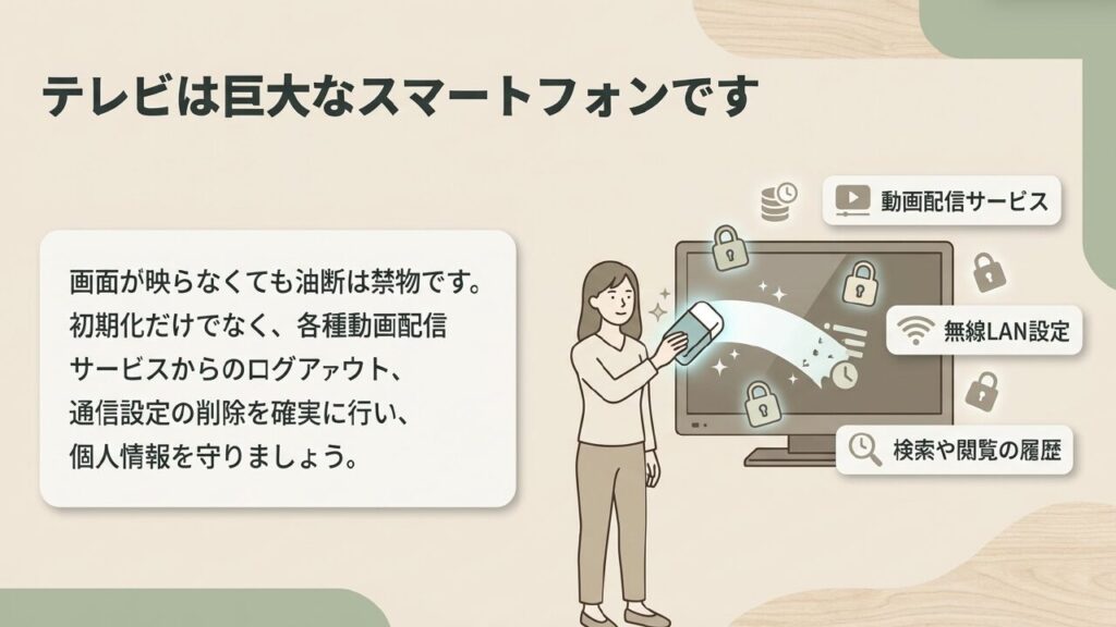 テレビは巨大なスマートフォン。動画配信サービス、無線LAN設定、検索や閲覧の履歴を確実に消去する