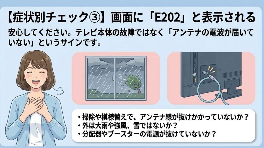 E202エラー表示の原因とアンテナ・天候の確認