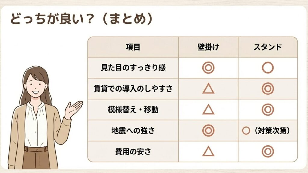 テレビ壁掛けとスタンドの比較表