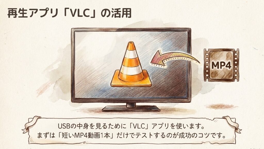 VLCアプリを使ってUSB内のMP4動画を再生するイメージ