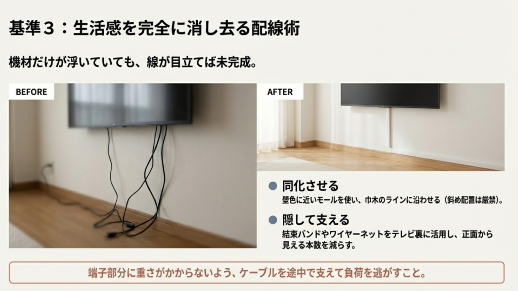 サウンドバー設置後の配線が垂れ下がった状態と隠した状態の比較