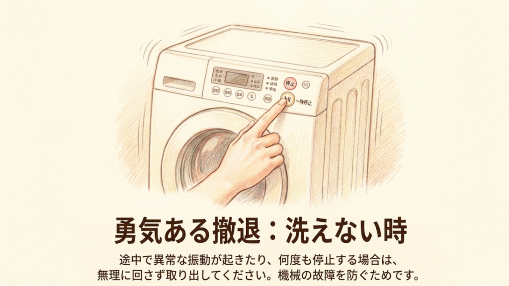 振動する洗濯機の一時停止ボタンを押す様子