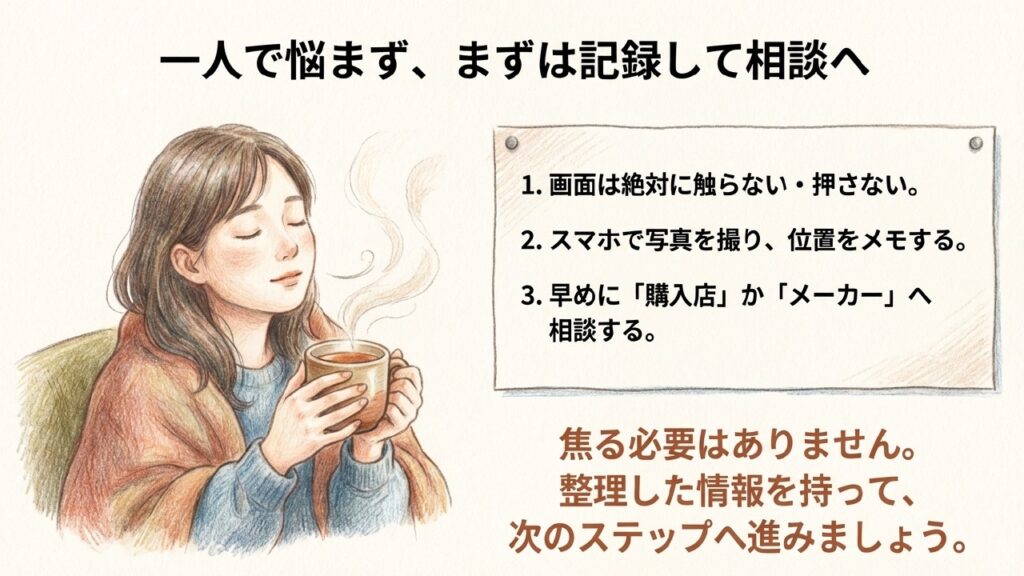 一人で悩まず、まずは画面に触れずに記録して早めにサポートへ相談しましょう