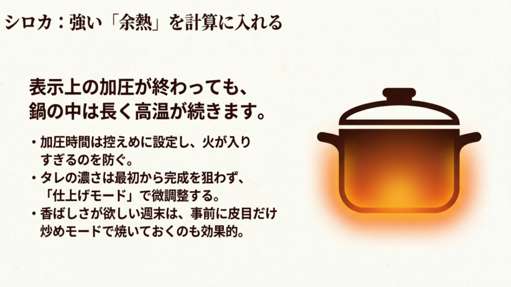 シロカ:強い余熱を計算に入れる シロカの電気圧力鍋で強い余熱を計算に入れた加圧の考え方
