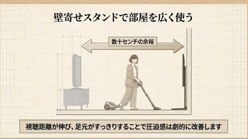 壁寄せスタンドを使ってテレビ裏に数十センチの余裕を持たせ掃除をする女性