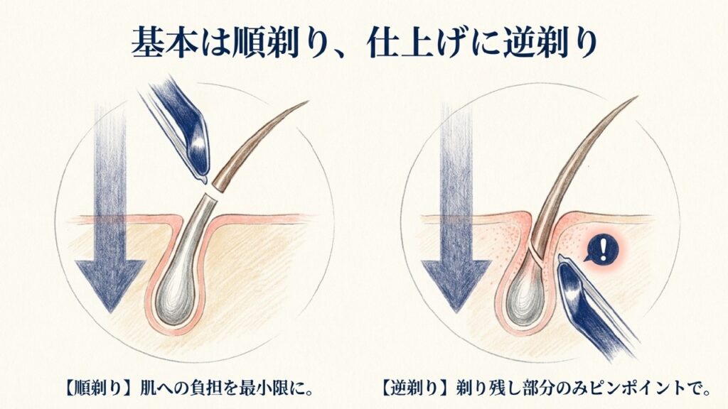 基本は順剃りで肌への負担を最小限にし、仕上げに逆剃りをする解説図