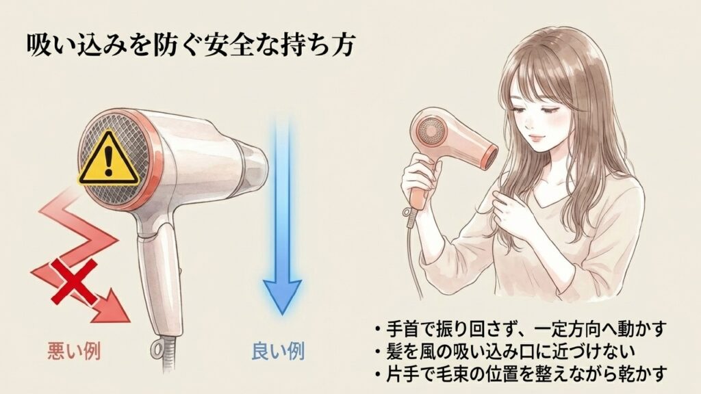 髪の吸い込みを防ぐドライヤーの安全な持ち方
